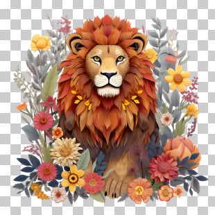 Lion - Orange Lion With Autumn Flowers PNG