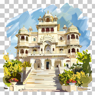 Udaipur Palace - Grand Palace Illustration With Decorative Stairs PNG