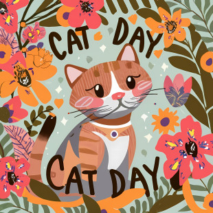 Global Cat Day - Cat Day Celebration With Flowers PNG