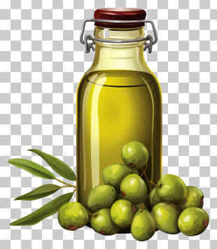 Hand Drawn Green Olives In Jar - Bottle Of Olive Oil With Fresh Olives PNG
