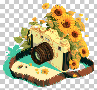 Watercolor Camera - Vintage Camera With Sunflowers PNG