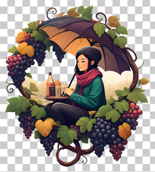 Girl With Grape Vine - Woman With Umbrella And Grapes Illustration PNG