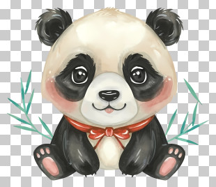 Watercolor Painting - Adorable Cartoon Panda With Bamboo PNG