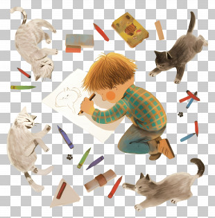 Boy Drawing With Crayons - Boy Drawing With Cats Illustration PNG