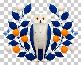 Owl - White Owl With Blue Leaves PNG
