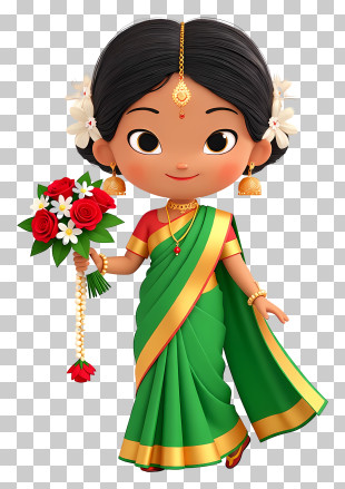 Tamil Bride - Cute Girl In Green Saree With Flowers PNG