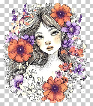 Hand Drawn Woman And Flowers - Dreamy Girl With Flowers PNG