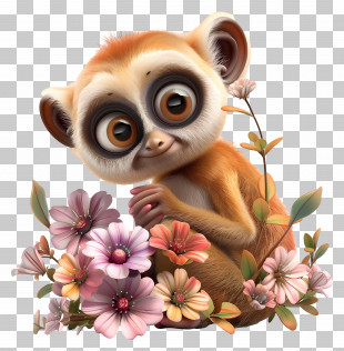 Slow Loris Cartoon - Cute Slow Loris With Floral Background PNG