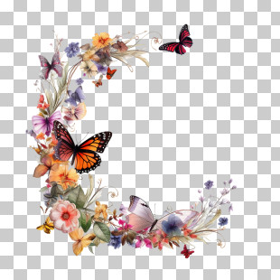 Flower Frame - Floral Design With Butterflies PNG