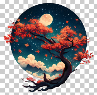 Autumn Landscape - Moonlit Tree With Stars PNG