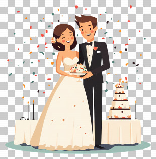 Wedding Celebration - Happy Wedding Couple With Cake And Decorations PNG