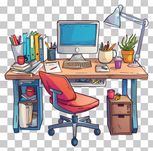 Office Desk - Cluttered Desk Setup With Office Supplies PNG