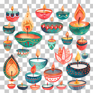 Diwali - Colorful Decorative Oil Lamps For Diwali Festival PNG