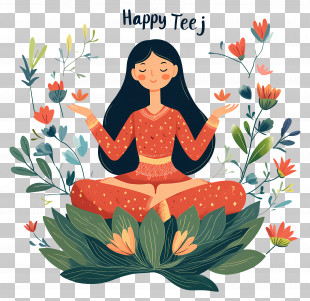 Happy Teej - Happy Teej With Meditating Woman And Flowers PNG