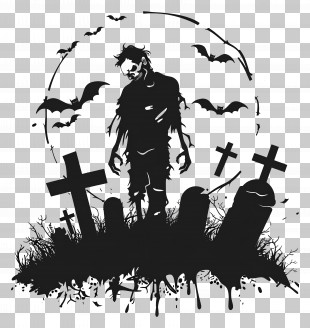 Halloween Silhouette - Spooky Zombie In A Haunted Graveyard PNG
