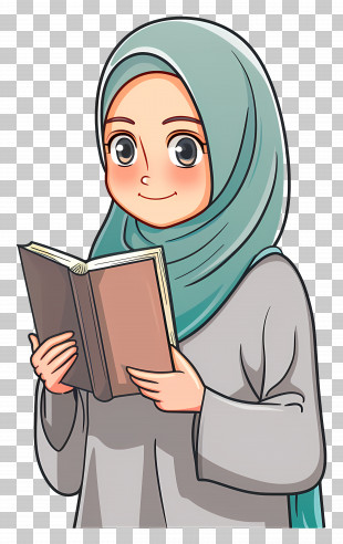 Hijab Girl Holding Book - Girl Reading In Green Hijab Illustration PNG